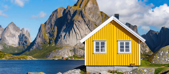 A photo of a small yellow house  with mountains behind it, a pier and rocks on the shore, in the style of unsplash photography. - Powered by Adobe