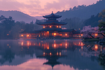 日本中国の神社と桜の景色の写真
