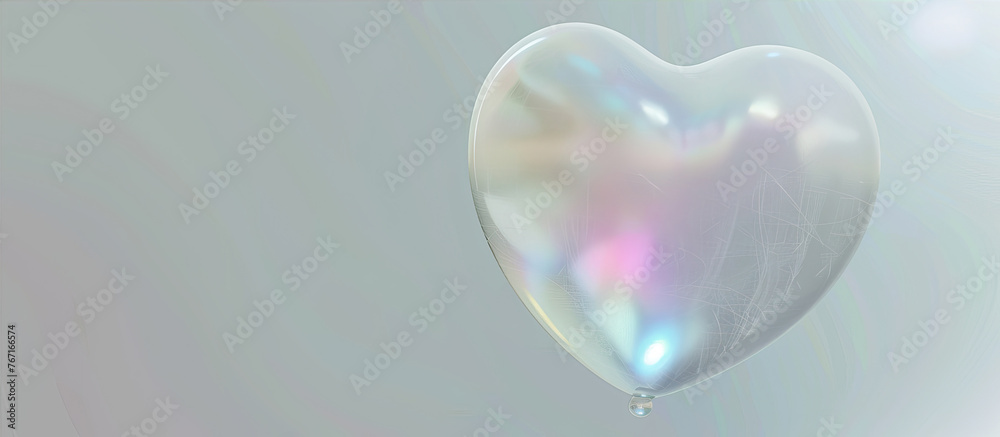 Wall mural A heart-shaped holographic image with white and rainbow colors, set against an ethereal background, creating a dreamy atmosphere. The heart is made of iridescent glass material, emitting soft light th