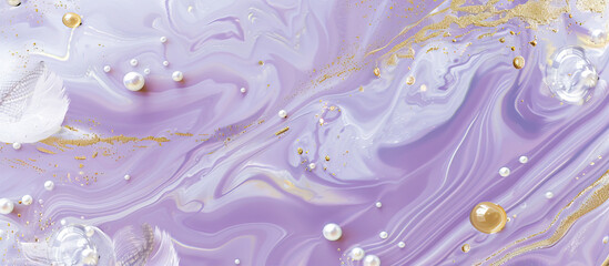 Light purple and gold marble background, with pearls, feathers, small balls of glass, white clouds, water drops, flowing liquid metal in the style of flowing liquid metal