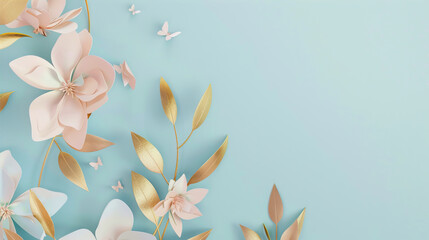 A wallpaper design with pastel pink, gold and mint colors. The background is a light blue color...