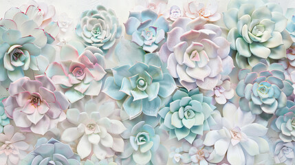 A wall of pastelcolored succulents and roses, arranged in an artistic pattern. The colors include...