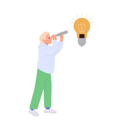 Fototapeta na wymiar Man cartoon character looking via binocular at glowing lightbulb finding creative idea for business
