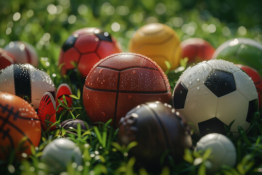 3d rendering of a basketball, baseball, and soccer balls