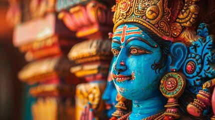 Close-up of colorful statue of vishnu hindu god in temple. Saraswati devi Goddess, Happy Vasant Panc