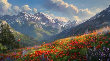 Fotobehang Whimsical spring landscape with vibrant poppy flowers blanketing the mountainside © Postproduction