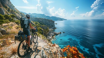 Man enjoying the breathtaking view of the sea while standing with his bicycle on a scenic cliff edge - obrazy, fototapety, plakaty
