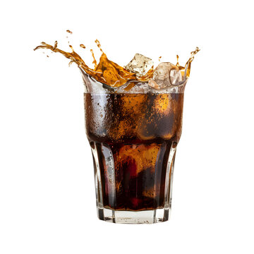 glass of cool cola splash with ice png isolated on transparent background