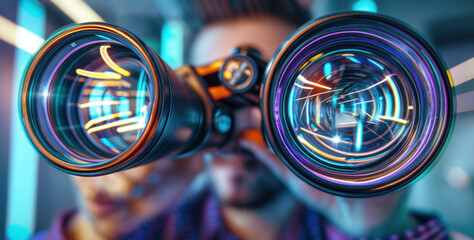 Businessman strategic insight. Using binoculars to gain a clear vision, spotting opportunities for success and growth in the corporate landscape - obrazy, fototapety, plakaty