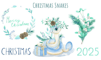 Set Of Hand Drawn Watercolor Cute Christmas Snakes