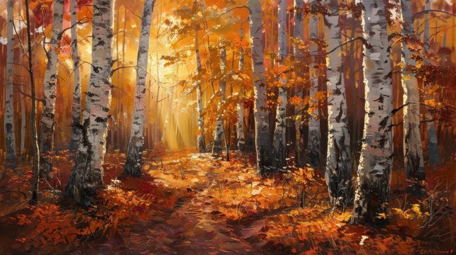 Autumnal oil painting of birch forest at sunset showcasing warm hues and dappled light filtering through trees.
