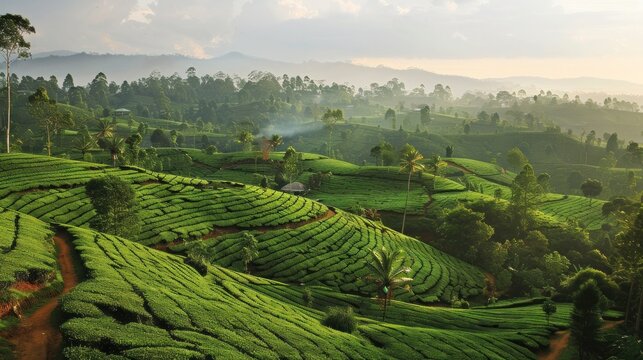Tranquil tea plantation landscape. Vibrant colors, lush greenery.