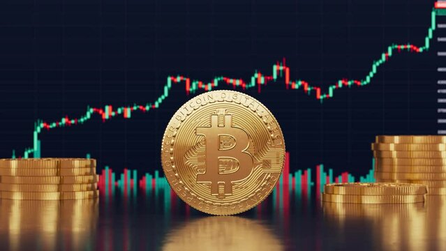 A bitcoin golden coin rotating in front of a BTC candlestick price chart background in realistic 3D animation. Bullish Bitcoin price rising, cryptocurrency, 2p2 exchange and blockchain concept