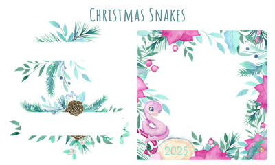 Set Of Watercolor Frame With Christmas Snakes