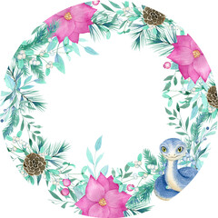 New Year Watercolor Frame with Holiday Cute Snakes