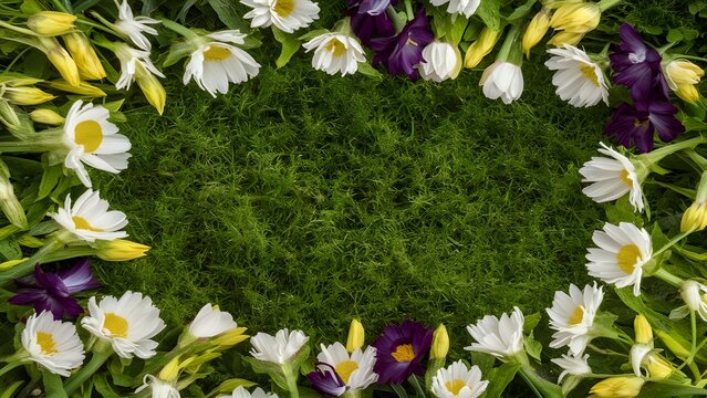 Frame Art abstract background with summer flowers amidst lush green grass
