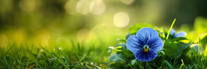 Enchanting Blue Pansy Flower Blooming Amidst Verdant Grassy Backdrop with Soft Bokeh Effect