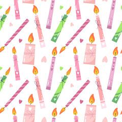 Seamless pattern of holiday candles. Vector illustration in cartoon flat style.