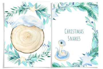 Set Of New Years Cards With Cute Watercolor Snakes