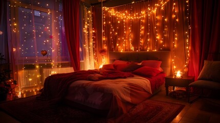 Enchanting Bedroom Sanctuary with Warm Glowing Lights for a Romantic Retreat