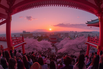 日本中国の神社と桜と夕焼けの景色の写真
 - obrazy, fototapety, plakaty