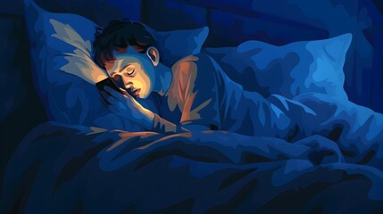 Exhausted Boy Lying in Bed Scrolling on Smartphone,Struggling with Insomnia and Digital Addiction - obrazy, fototapety, plakaty