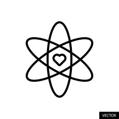 Atom with heart symbol, love science concept vector icon in line style design for website, app, UI, isolated on white background. Editable stroke. Vector illustration.