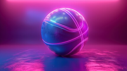 Basketball ball with glowing lines on colorful blue and pink neon light background. Futuristic sport concept. 3d rendering