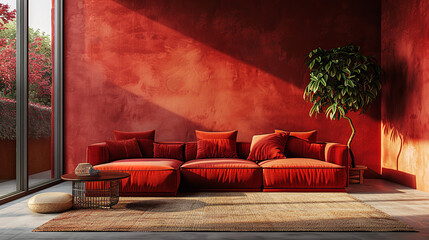 A modern red living room, time of day, high saturation, minimalist style