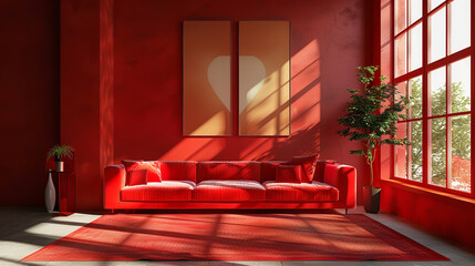 A modern red living room, time of day, high saturation, minimalist style - obrazy, fototapety, plakaty