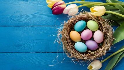 Frame Colorful Easter eggs nest with tulip on blue wooden background