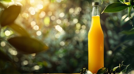 Bottle of fresh mango juice with ripe mangoes and mint on a wooden table. Healthy beverage - obrazy, fototapety, plakaty