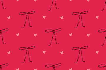 Red texture, minimalist bows and hearts, bold wrapping paper seamless vector pattern