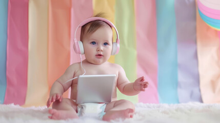 Friendly and modern diaper baby with headphones and tablet in hand on soft color background.