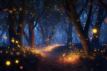 Enchanted Forest: A Magical Nighttime Journey Amidst Glowing Lights