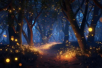Zelfklevend Fotobehang Enchanted Forest: A Magical Nighttime Journey Amidst Glowing Lights © Sundas