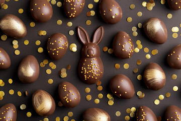 chocolate eggs and golden confetti, and chocolate Easter bunny, top view pattern