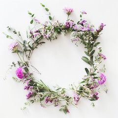 a wreath of pink and purple flowers on white background, flat lay photography, aesthetic vibe 