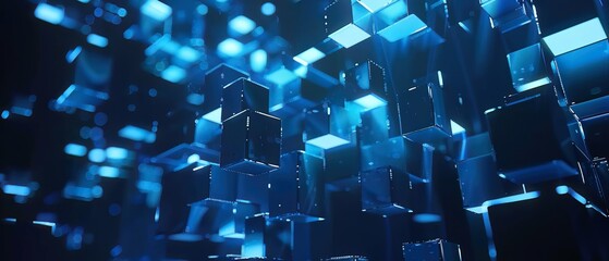 3Drendered cubes rotating in a synchronized pattern, against a backdrop of deep blue light, showcasing hightech animation