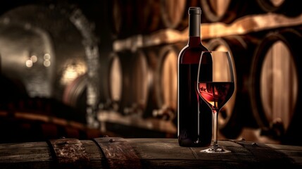 Glass of red wine and bottle with old wooden oak barrel on the background cellar. Traditional winema - obrazy, fototapety, plakaty