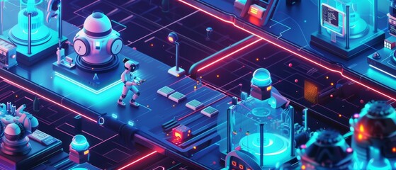 A 3D isometric tech lab in a futuristic setting, with neon accents and cute, small robots conducting experiments