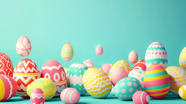 Create a whimsical scene featuring a variety of Easter eggs decorated with playful patterns and designs