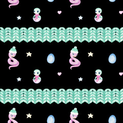 New Year Seamless Pattern with Watercolor Festive Cute Snakes