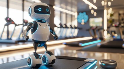 A 3D robot as a fitness trainer, leading workout sessions with dynamic movements, monitoring clients' progress with smart sensors