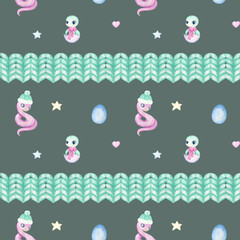 New Year Seamless Pattern with Watercolor Festive Cute Snakes