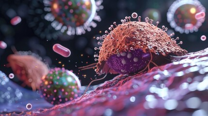 Visualization of the interaction between human cells and the hepatitis virus, focusing on liver cell infection and response  3D illustration - obrazy, fototapety, plakaty