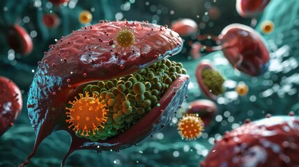 Visualization of the interaction between human cells and the hepatitis virus, focusing on liver cell infection and response  3D illustration - obrazy, fototapety, plakaty
