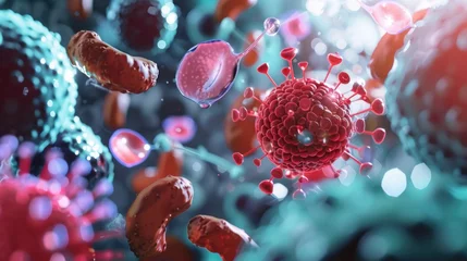 Fotobehang Visualization of the interaction between human cells and the hepatitis virus, focusing on liver cell infection and response  3D illustration © Pungu x