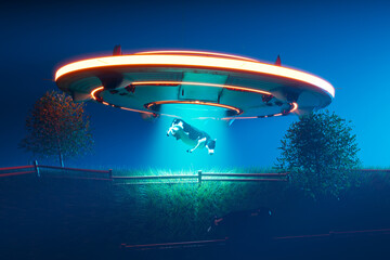 Fototapeta premium Captivating Scene of a Cow Being Abducted by a UFO in a Moonlit Field