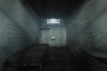 Eerie Abandoned Prison Cell with Tally Marks Decorating the Walls